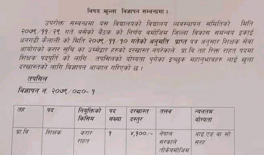 कैलालीमा प्रावि शिक्षकको दरखास्त दस्तुर ४ हजार १ सय तोकेपछि..